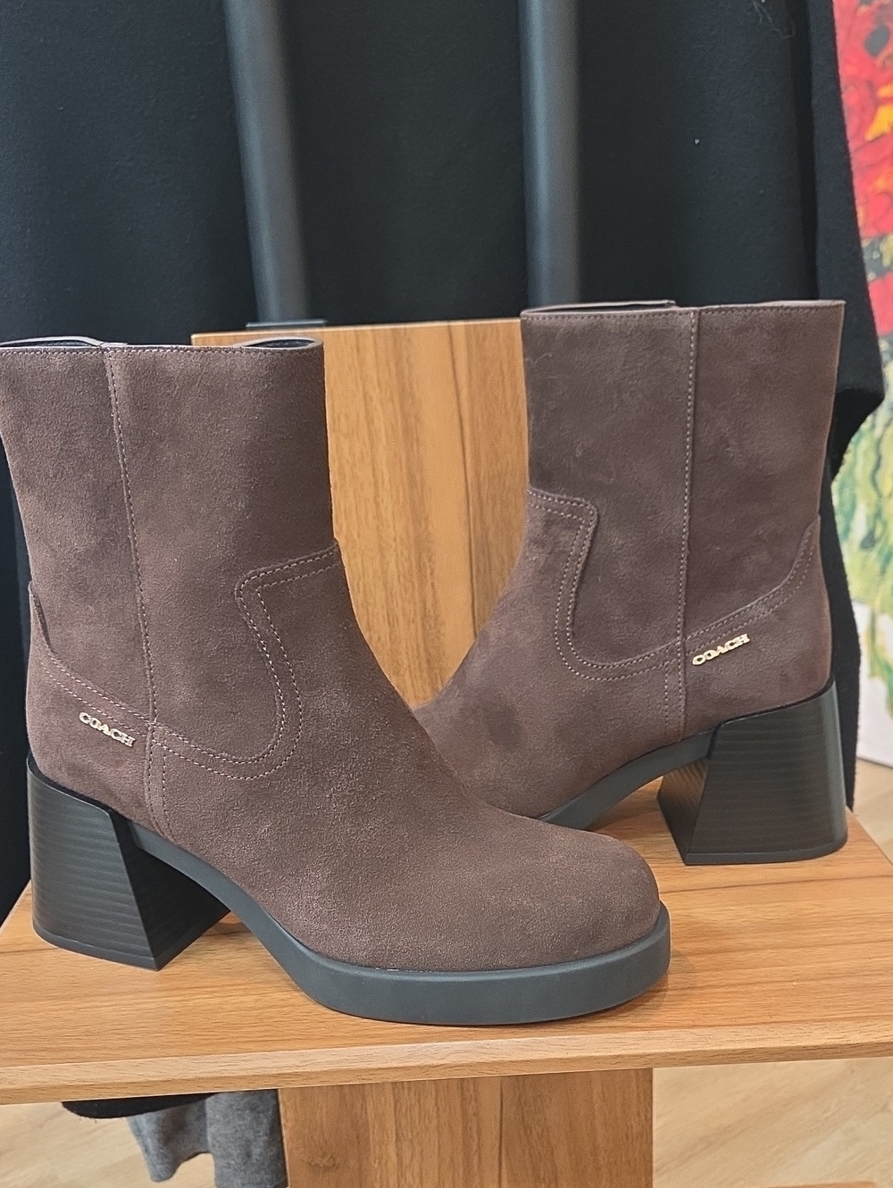 Coach Block Heel Boot Maple Brown Suede 8.5 NWOB
